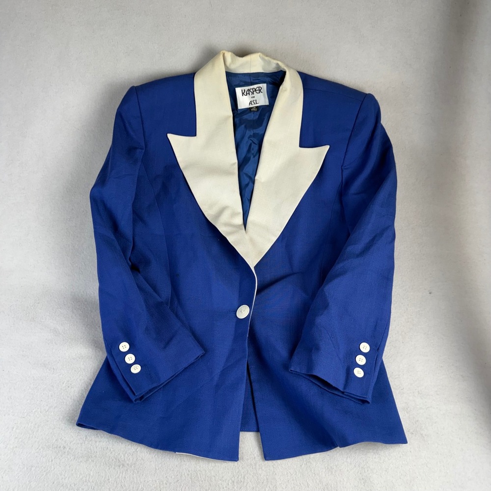 Vintage Kasper for ASL 80s Blazer Royal Blue Cream Peak Lapel Size 14
